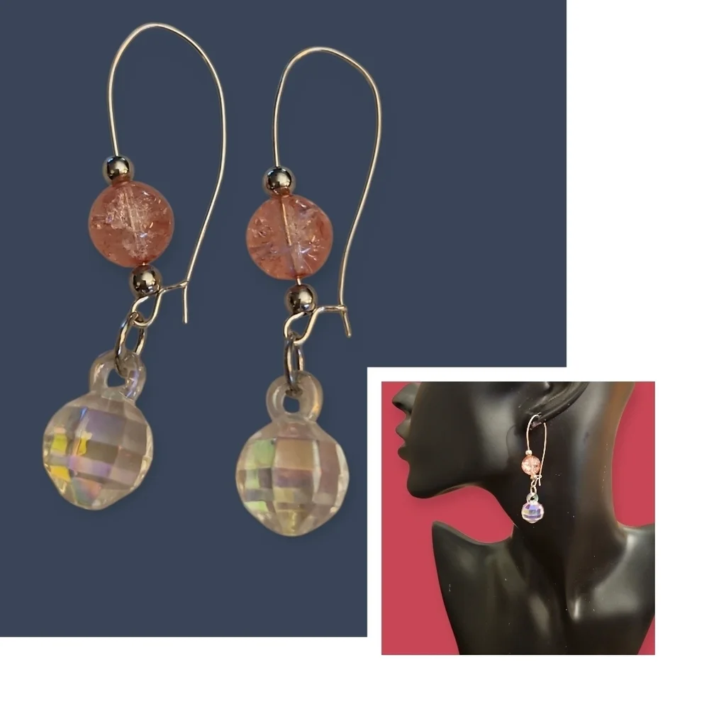 3/$30 HANDCRAFTED Silver and Pink Crackle Glass Beaded Disco Ball Hoop Earrings